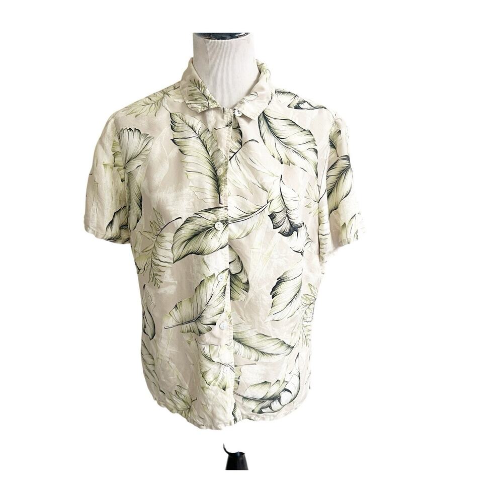 Vtg LINDEN HILL Silk Hawaiian Shirt Large Loop Collar Palm Leaf Button Up Resort